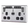 LAP 13A 2-Gang SP Switched Wi-Fi Extender + 2.1A 1-Outlet Type A USB Charger Brushed Steel with Black Inserts -Steel Switches Sales 658FV P