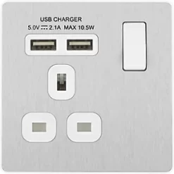 British General Evolve 13A 1-Gang SP Switched Socket + 2.1A 2-Outlet Type A USB Charger Brushed Steel with White Inserts -Steel Switches Sales 669RF A2