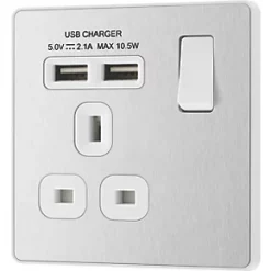 British General Evolve 13A 1-Gang SP Switched Socket + 2.1A 2-Outlet Type A USB Charger Brushed Steel with White Inserts -Steel Switches Sales 669RF A3