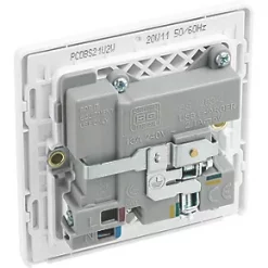 British General Evolve 13A 1-Gang SP Switched Socket + 2.1A 2-Outlet Type A USB Charger Brushed Steel with White Inserts -Steel Switches Sales 669RF A4