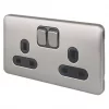Schneider Electric Lisse Deco 13A 2-Gang SP Switched Plug Socket Brushed Stainless Steel with Black Inserts -Steel Switches Sales 681CC P
