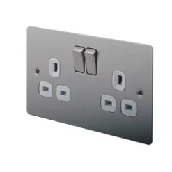 LAP 13A 2-Gang DP Switched Plug Socket Brushed Stainless Steel with White Inserts 5 Pack -Steel Switches Sales 68831 A2