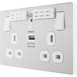 British General Evolve 13A 2-Gang SP Switched Double Socket With WiFi Extender + 2.1A 1-Outlet Type A USB Charger Brushed Steel with White Inserts