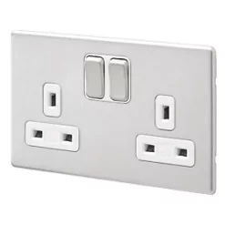 MK Aspect 13A 2-Gang DP Switched Plug Socket Brushed Stainless Steel with White Inserts
