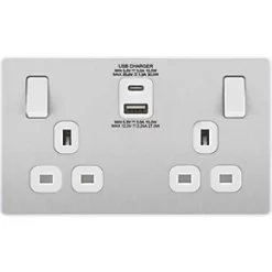British General Evolve 13A 2-Gang SP Switched Socket + 3A 2-Outlet Type A & C USB Charger Brushed Steel with White Inserts -Steel Switches Sales 746RF A2