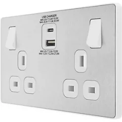 British General Evolve 13A 2-Gang SP Switched Socket + 3A 2-Outlet Type A & C USB Charger Brushed Steel with White Inserts