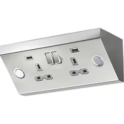 Knightsbridge SKR009A 13A 2-Gang SP Switched Socket + 2.4A 2-Outlet Type A USB Charger Stainless Steel with Colour-Matched Inserts