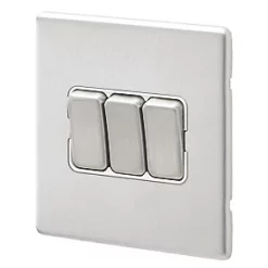 MK Aspect 10AX 3-Gang 2-Way Switch Brushed Stainless Steel with White Inserts
