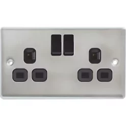 LAP 13A 2-Gang SP Switched Plug Socket Brushed Stainless Steel with Black Inserts 5 Pack -Steel Switches Sales 7853C A4