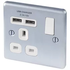 LAP 13A 1-Gang SP Switched Socket + 2.1A 2-Outlet Type A USB Charger Brushed Stainless Steel with White Inserts