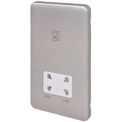 Schneider Electric Lisse Deco 2-Gang Dual Voltage Shaver Socket 115 / 230V Brushed Stainless Steel with White Inserts