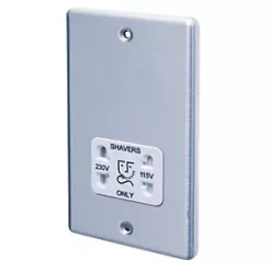 LAP 2-Gang Dual Voltage Shaver Socket 115 / 230V Brushed Stainless Steel with White Inserts