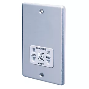 LAP 2-Gang Dual Voltage Shaver Socket 115 / 230V Brushed Stainless Steel with White Inserts 3 LAP 2-Gang Dual Voltage Shaver Socket 115 / 230V Brushed Stainless Steel with White Inserts