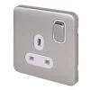Schneider Electric Lisse Deco 13A 1-Gang SP Switched Plug Socket Brushed Stainless Steel with White Inserts -Steel Switches Sales 845FF P