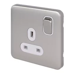 Schneider Electric Lisse Deco 13A 1-Gang SP Switched Plug Socket Brushed Stainless Steel with White Inserts