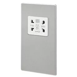 MK Aspect 2-Gang Dual Voltage Shaver Socket 115 / 230V Brushed Stainless Steel with White Inserts