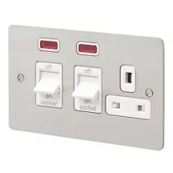 MK Edge 45A 1-Gang DP Cooker Switch & 13A DP Switched Socket Brushed Stainless Steel with Neon with White Inserts