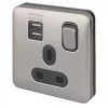Schneider Electric Lisse Deco 13A 1-Gang SP Switched Socket + 2.1A 2-Outlet Type A USB Charger Brushed Stainless Steel with Black Inserts -Steel Switches Sales 882CC P