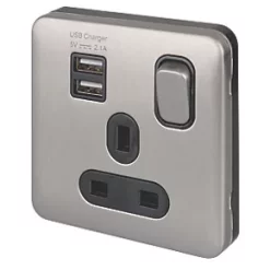 Schneider Electric Lisse Deco 13A 1-Gang SP Switched Socket + 2.1A 2-Outlet Type A USB Charger Brushed Stainless Steel with Black Inserts