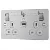 LAP 13A 2-Gang SP Switched Wi-Fi Extender Socket + 2.1A 1-Outlet Type A USB Charger Brushed Stainless Steel with White Inserts -Steel Switches Sales 883HF P
