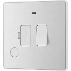 British General Evolve 13A Switched Fused Spur with LED Brushed Steel with White Inserts -Steel Switches Sales 885PX A3