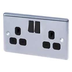 LAP 13A 2-Gang SP Switched Plug Socket Brushed Stainless Steel with Black Inserts