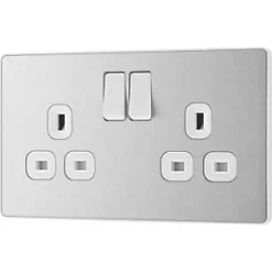 British General Evolve 13A 2-Gang SP Switched Socket Brushed Steel with White Inserts -Steel Switches Sales 918RF A3