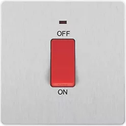 British General Evolve 45A 1-Gang 2-Pole Cooker Switch Brushed Steel with LED with White Inserts -Steel Switches Sales 933PY A2