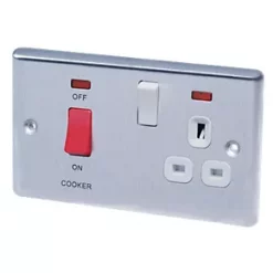 LAP 45A 2-Gang DP Cooker Switch & 13A DP Switched Socket Brushed Stainless Steel with Neon with White Inserts