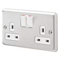 MK Albany Plus 13A 2-Gang DP Switched Plug Socket Brushed Stainless Steel with White Inserts